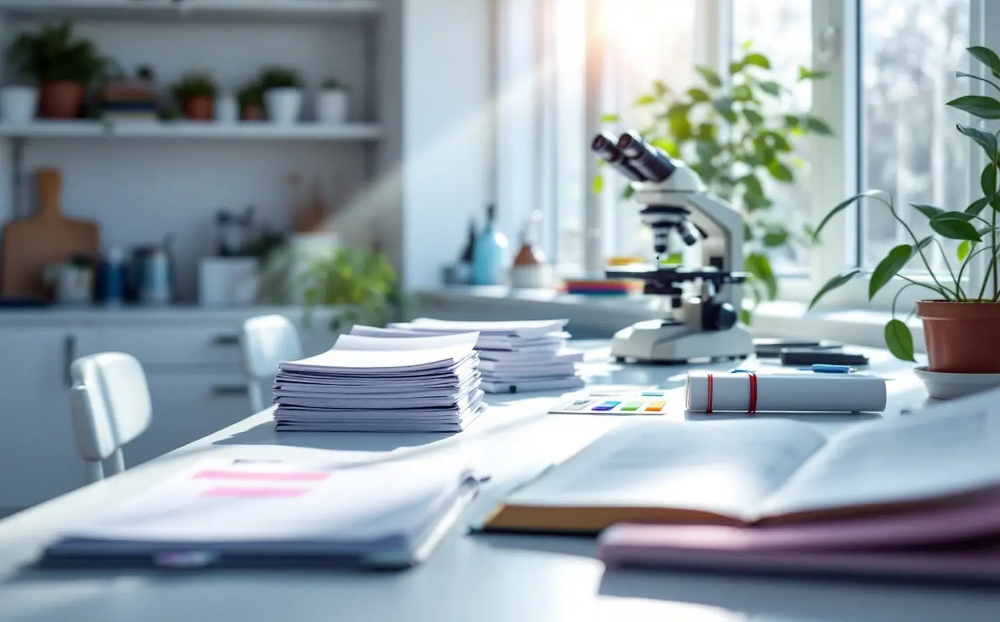 A sunlit lab office table with printed research papers, an open journal and a microscope by the window.