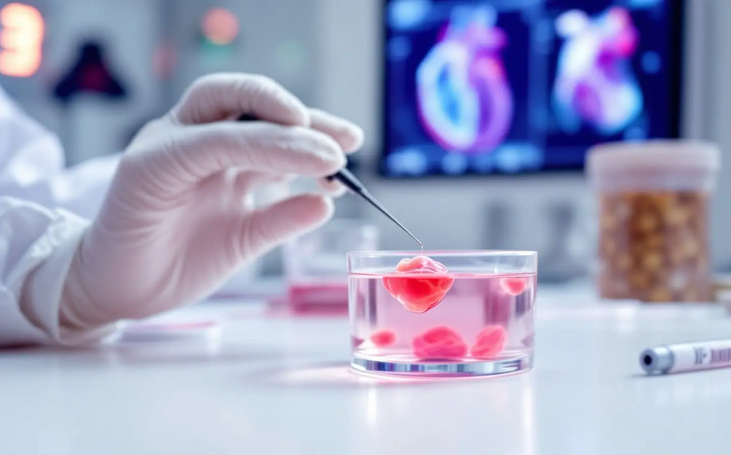 A thin patch of lab-grown heart muscle tissue floating in pink culture medium in a glass dish on a bright lab bench.