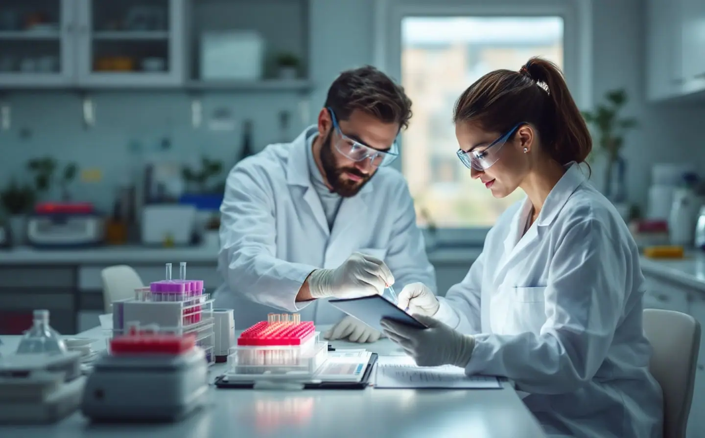 Two laboratory workers at a biology bench, one labeling sample tubes while the other reads a printed protocol.