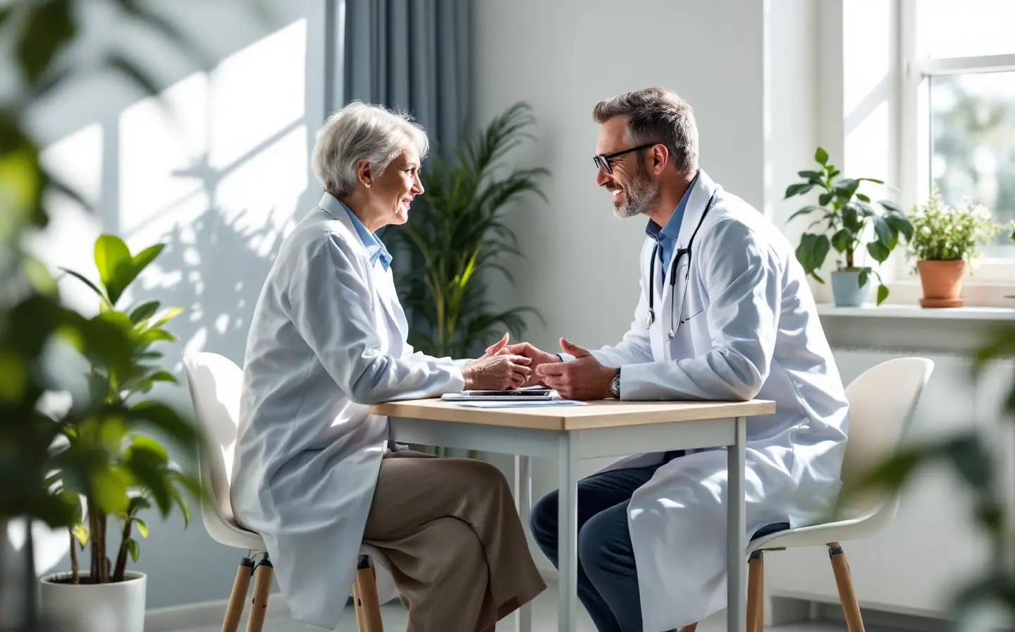 A physician and an older patient talking across a desk in a bright, calm consultation room.