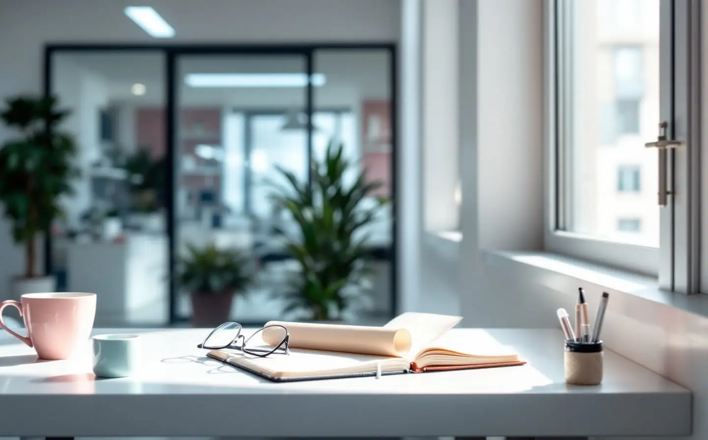 A tidy desk with a notebook and reading glasses, a laboratory visible behind a glass wall.