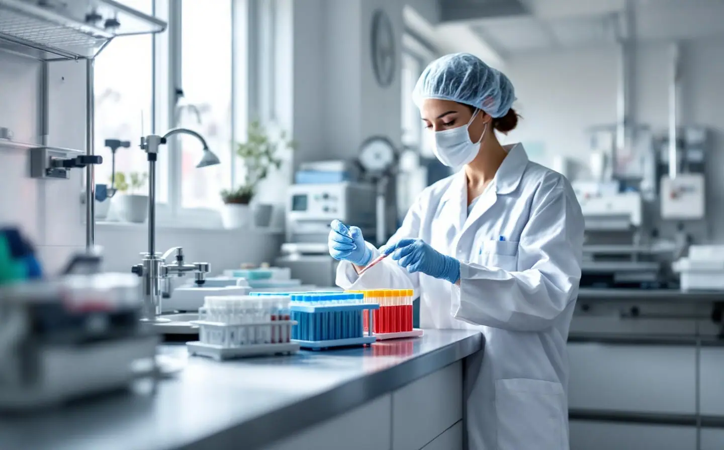 A sealed cord blood collection bag on a steel tray beside a rack of capped sample tubes in a bright hospital processing room.
