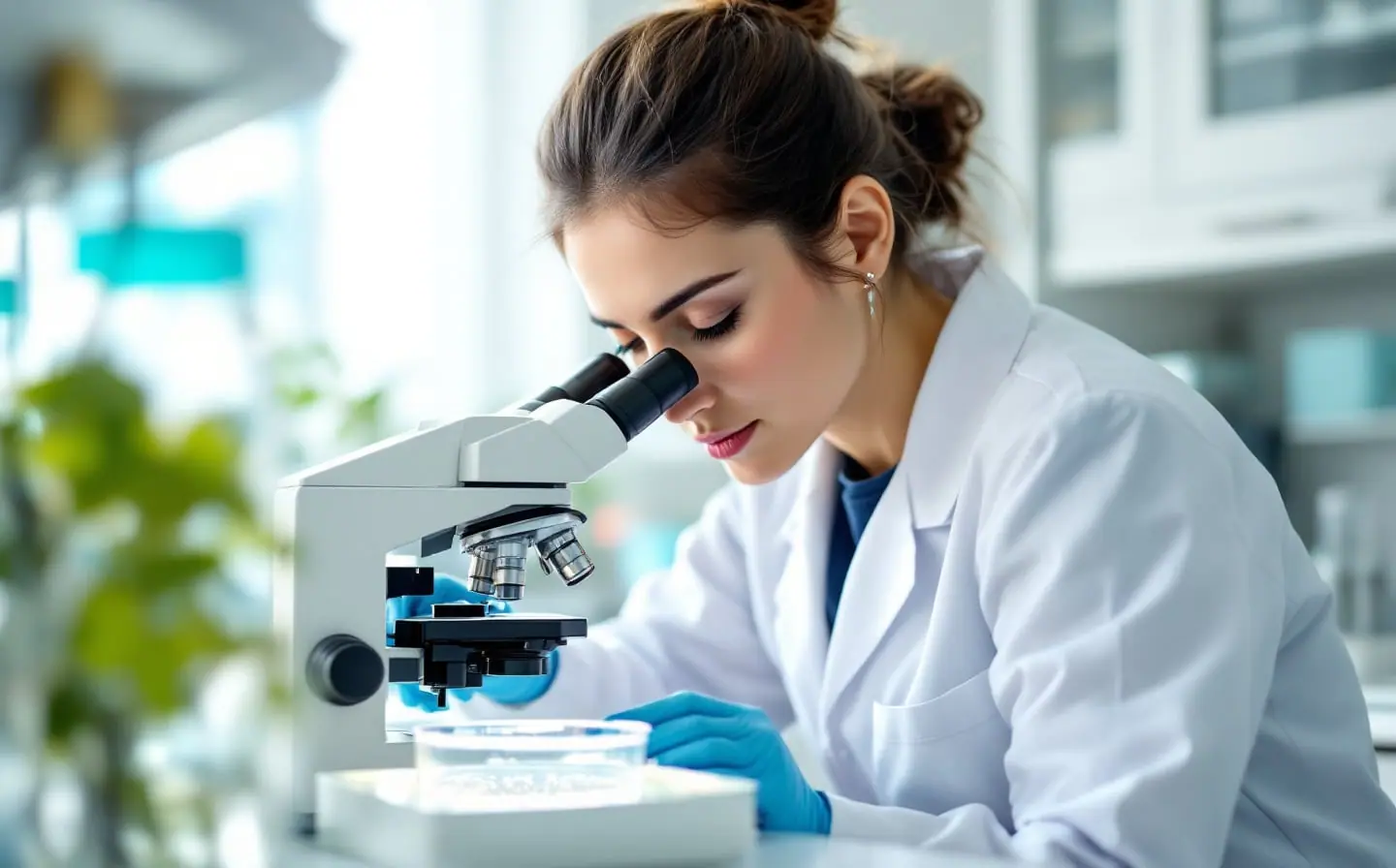 A researcher in a bright laboratory examining a culture dish of cell clusters under a microscope.