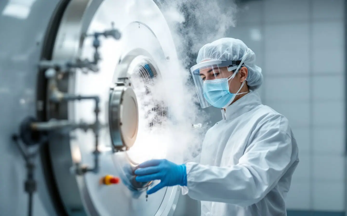 A technician in a processing lab lifts a rack of frozen cord blood bags out of a liquid nitrogen storage tank.