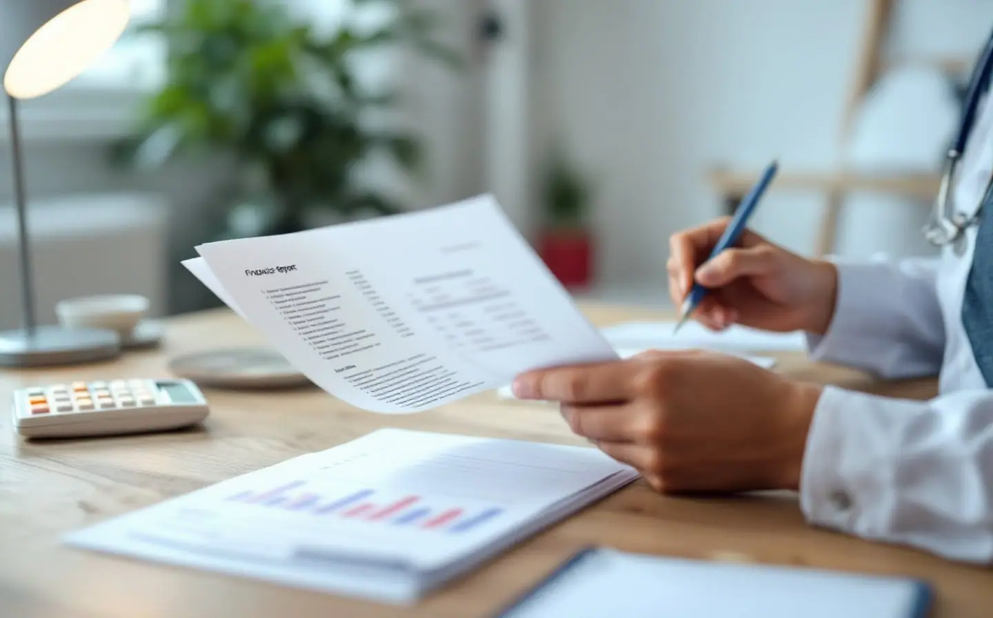 A person at a desk reading a thick printed annual report with a pencil, a calculator and a notepad beside it.