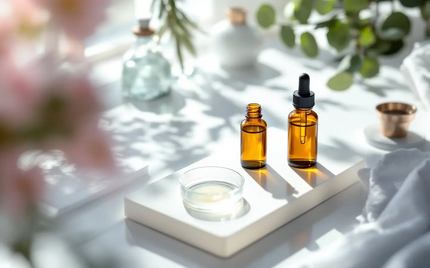 Unlabeled amber dropper bottles and a glass dish holding a drop of clear serum on a white laboratory bench.