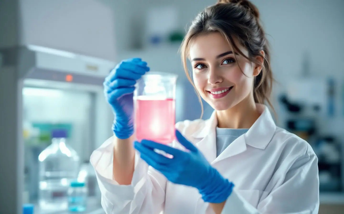 A laboratory scientist holds a culture flask of pink growth medium up to the light beside a biosafety cabinet.