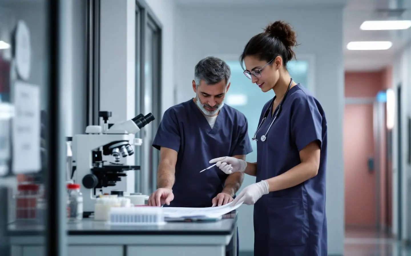 A research scientist and a hospital physician talking beside a laboratory bench with a microscope and sample racks.